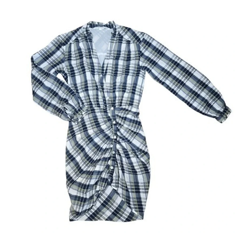 Veronica Beard Plaid Ruched Front Shirt Dress Navy Olive Green Size 2 - Picture 2 of 11
